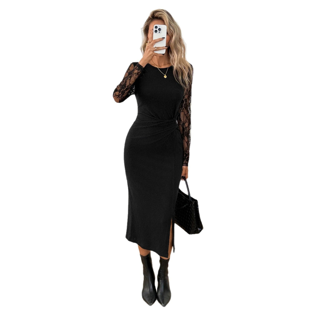 Women's Lace-panel Long-sleeve Slit Dress