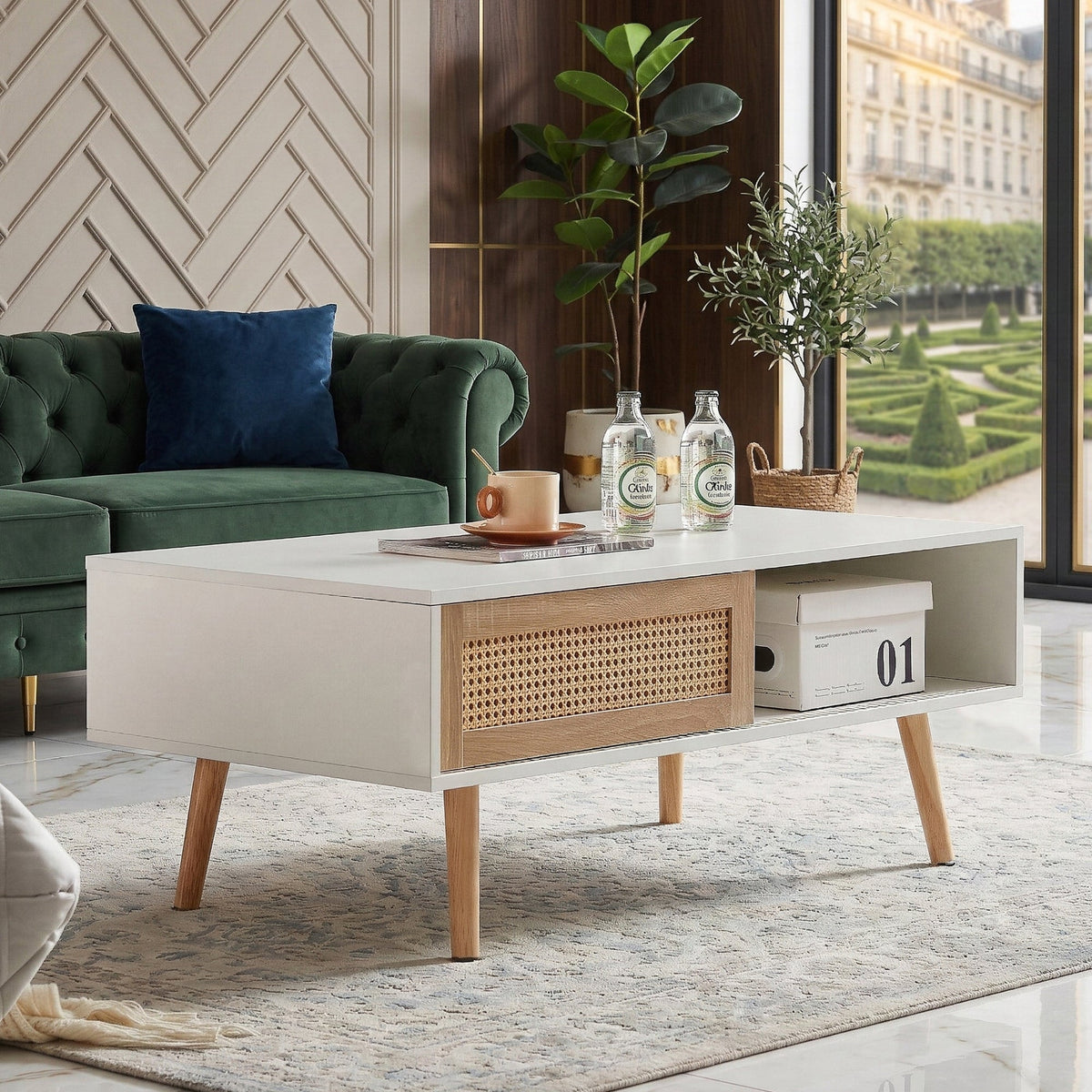41.34" Rattan Coffee Table with Sliding Door Storage