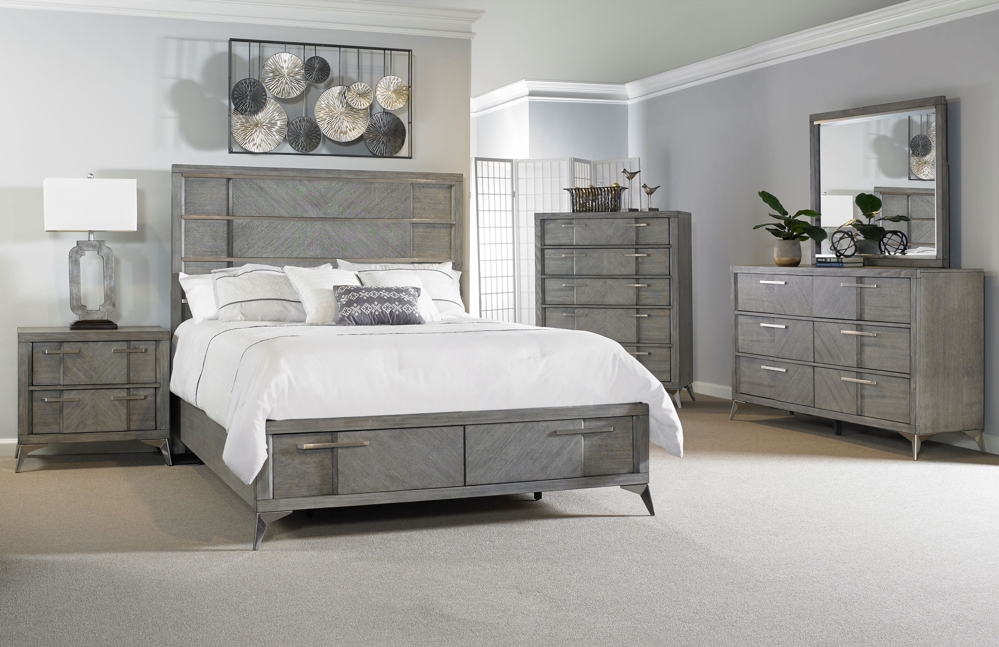 Gray King Storage Bed With Book Matched Veneer