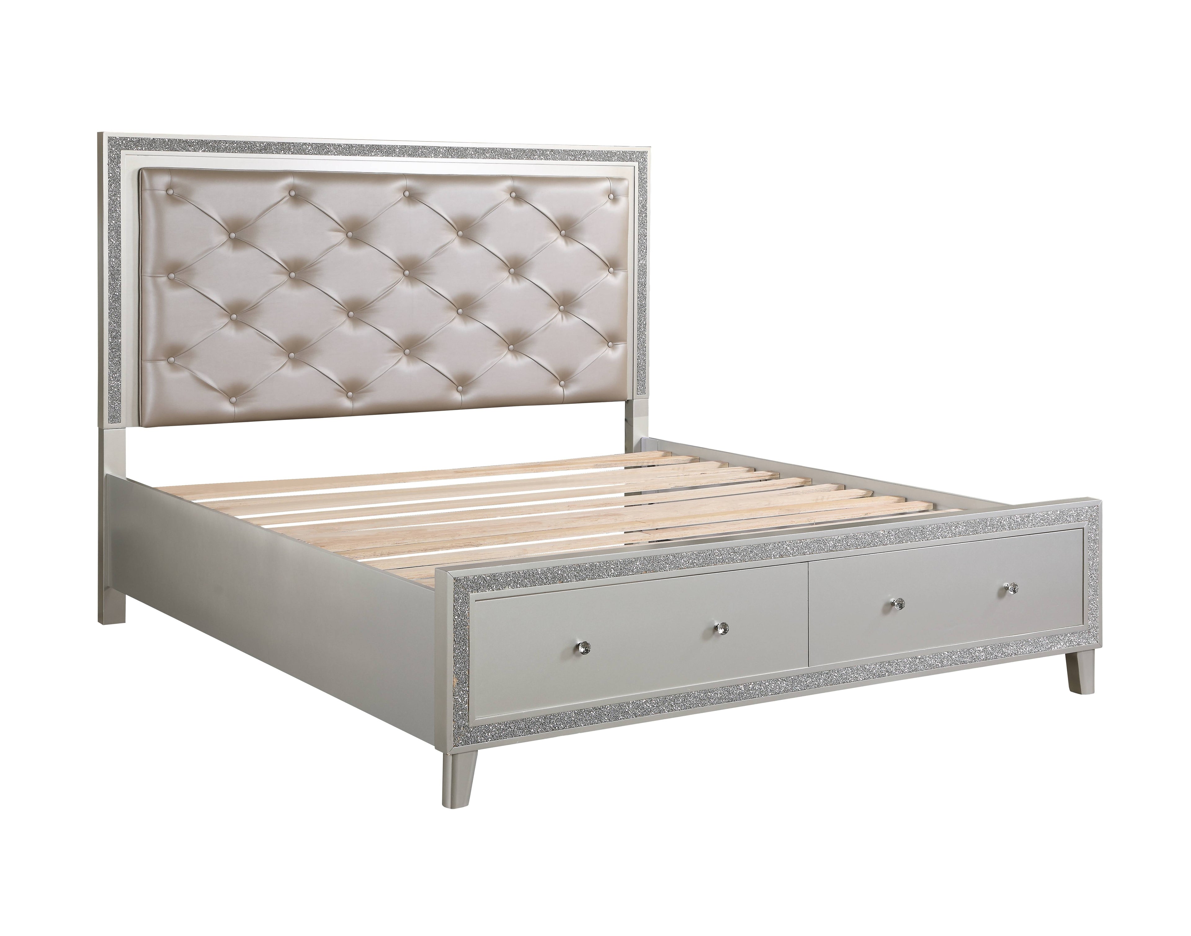 Sliverfluff Synthetic Leather & Champagne Finish EK Bed W/Storage