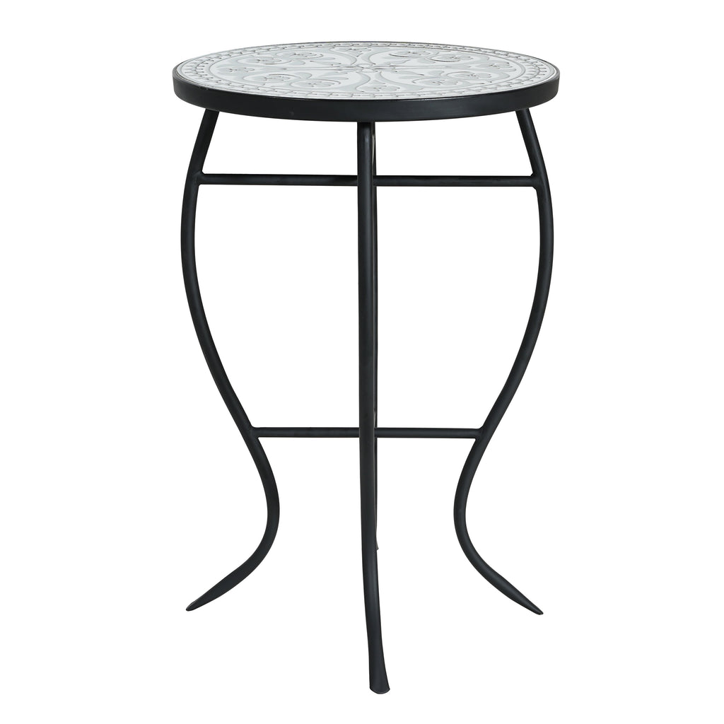 Outdoor Round Side Table with Mosaic-Style Top and Curved Iron Legs