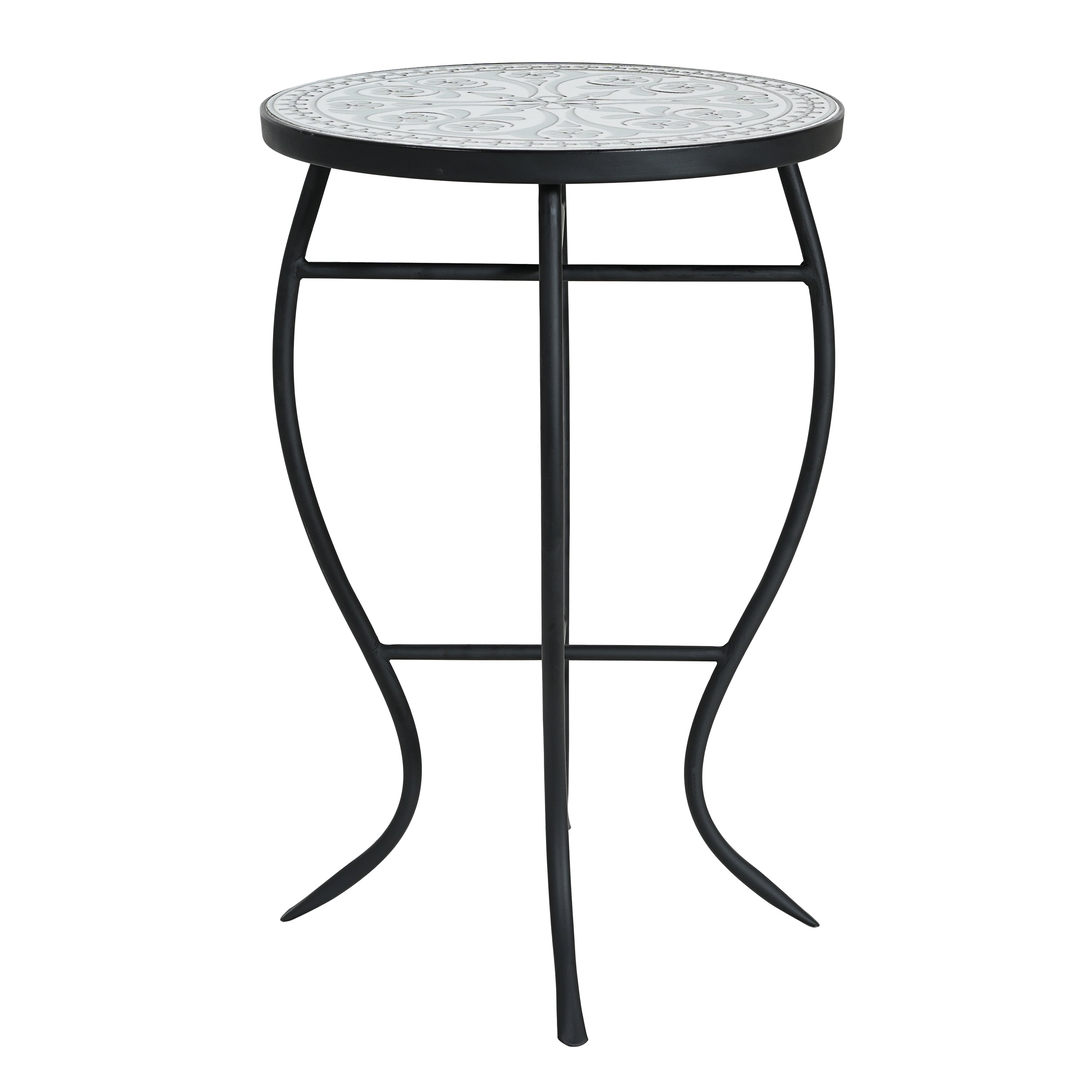 Outdoor Round Side Table with Mosaic-Style Top and Curved Iron Legs