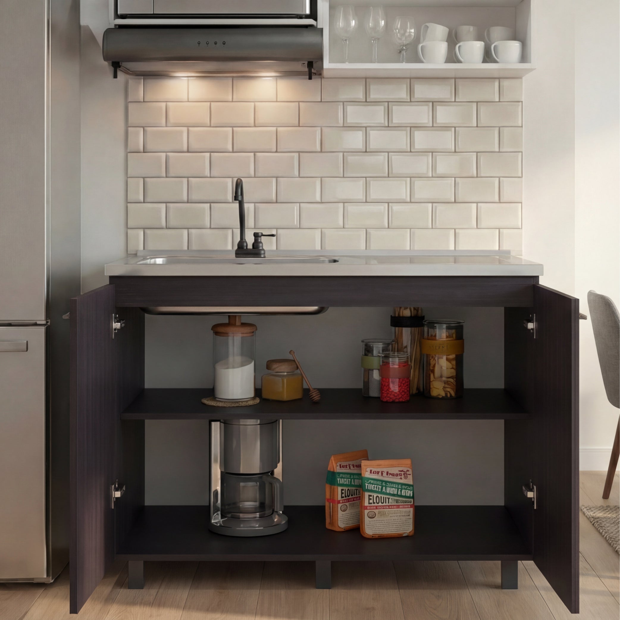 Napoles 2 Utility Sink with Cabinet, Stainless Steel Countertop, Interior Shelf - Wenge