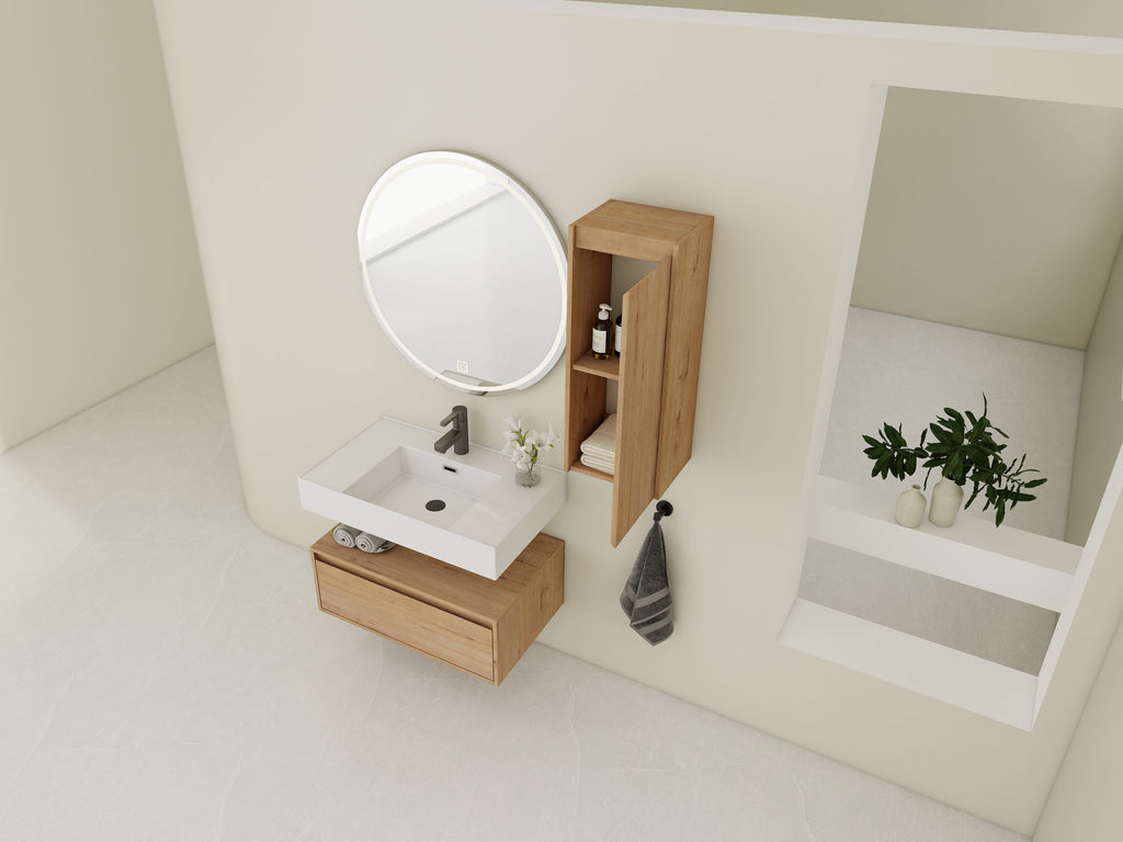 30 Inch Wall-Mounted Bathroom Vanity with Resin Sink and Side Cabinet