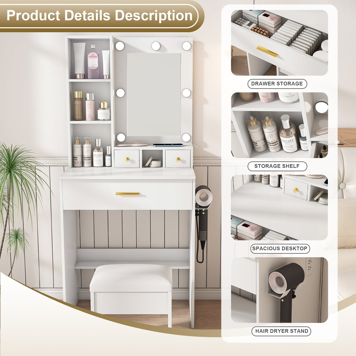 Vanity Table with Mirror & Adjustable LED Lights