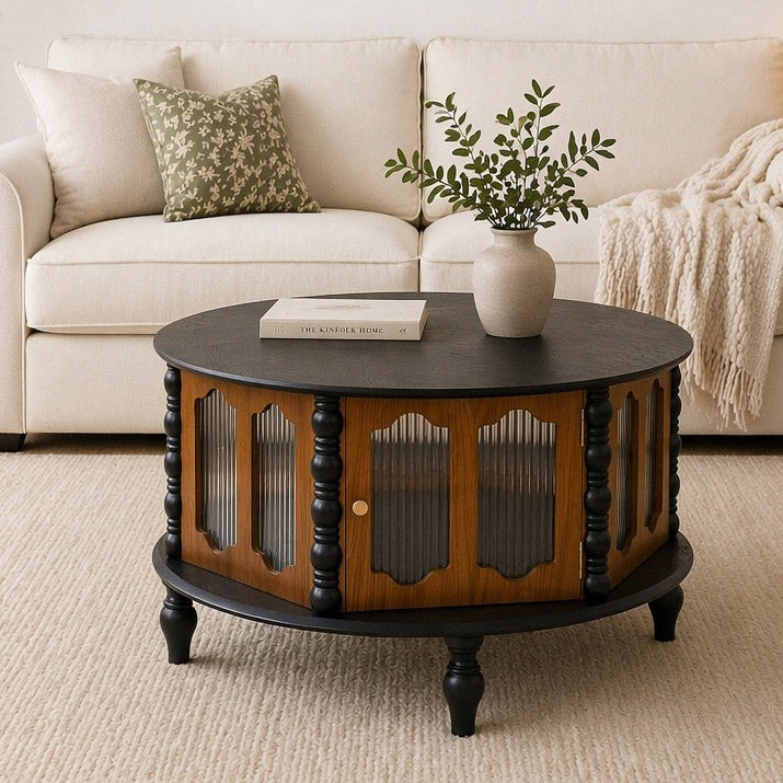 31.5" Round Wooden Coffee Table With Storage
