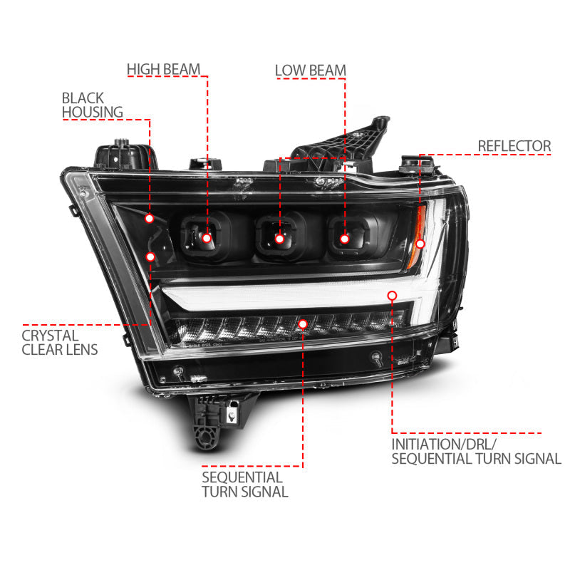 ANZO 19-24 RAM 1500 (New Body/OE Halogen) Full LED Proj Headlights DRL/SeqSig Black - Pass. Side 111628A-R