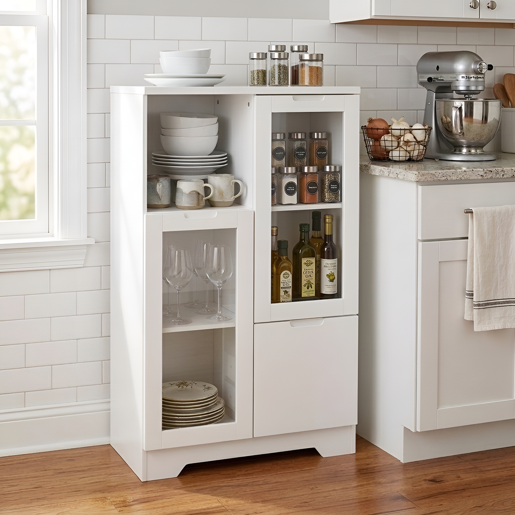 MDF Painted Cabinet with Glass Doors and Drawer