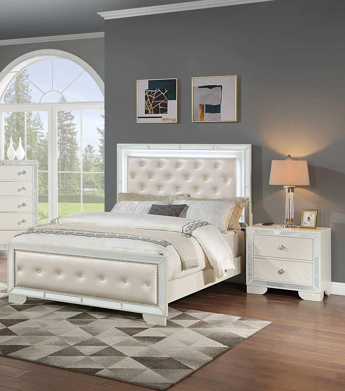 Queen Size Bed with LED and Two Nightstands