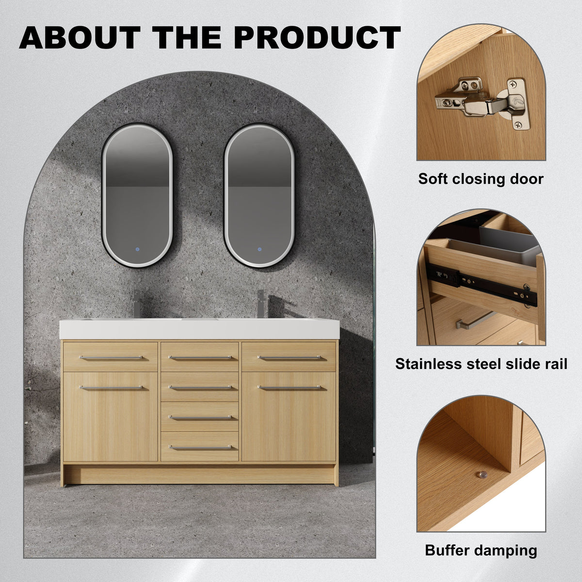 60" Freestanding Bathroom Vanity with Double Resin Sink