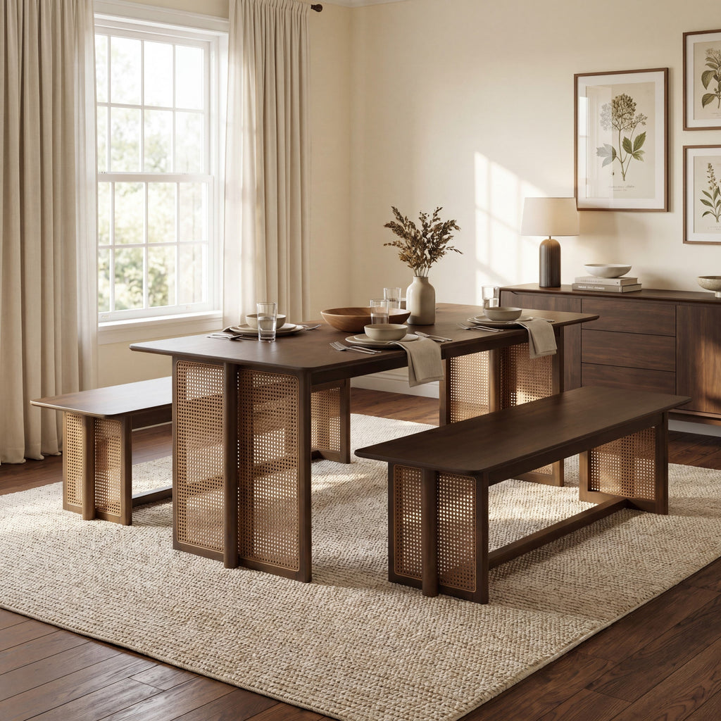 Walnut-Colored Rubber Wood Dining Set with Plastic Rattan – 1 Table + 2 Benches