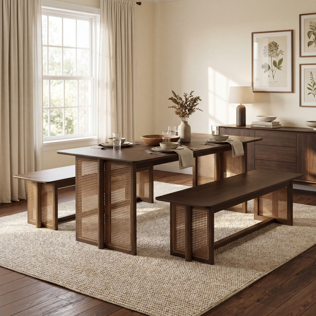 Walnut-Colored Rubber Wood Dining Set with Plastic Rattan – 1 Table + 2 Benches