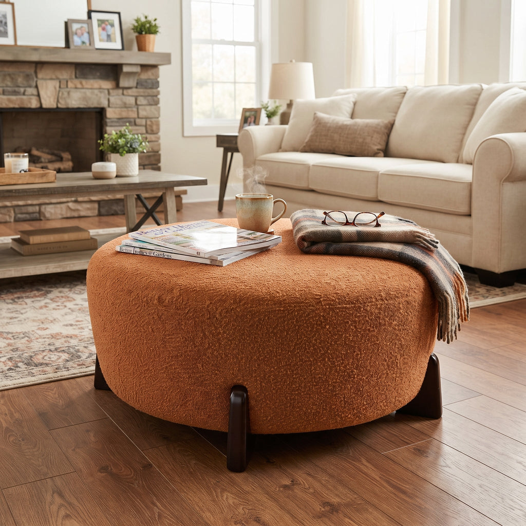Modish Round Ottoman: Boucle Top with Splayed Rubber Wood Legs, Pumpkin