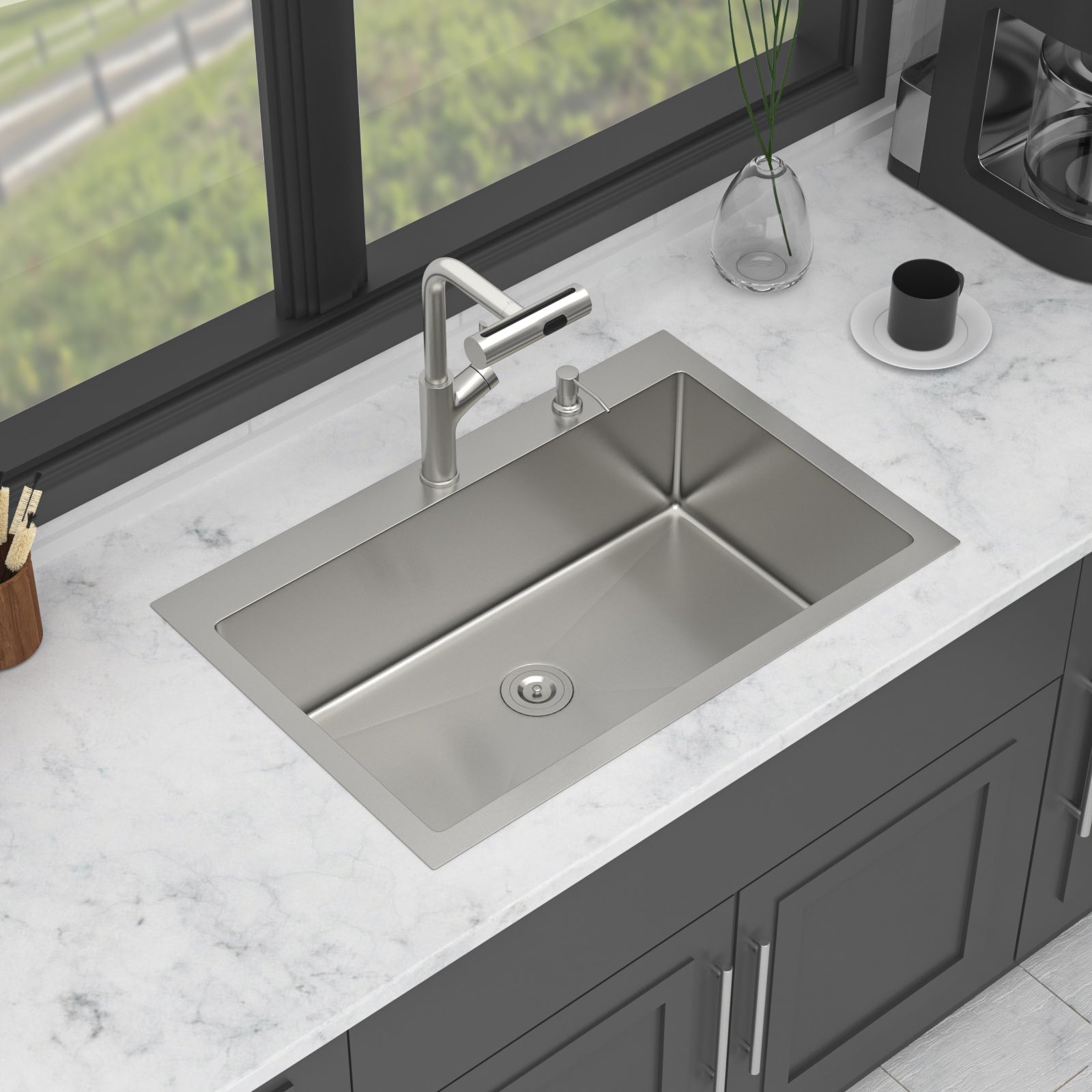 30" Drop-in Kitchen Sink with Pull-out Faucet and Soap Dispenser