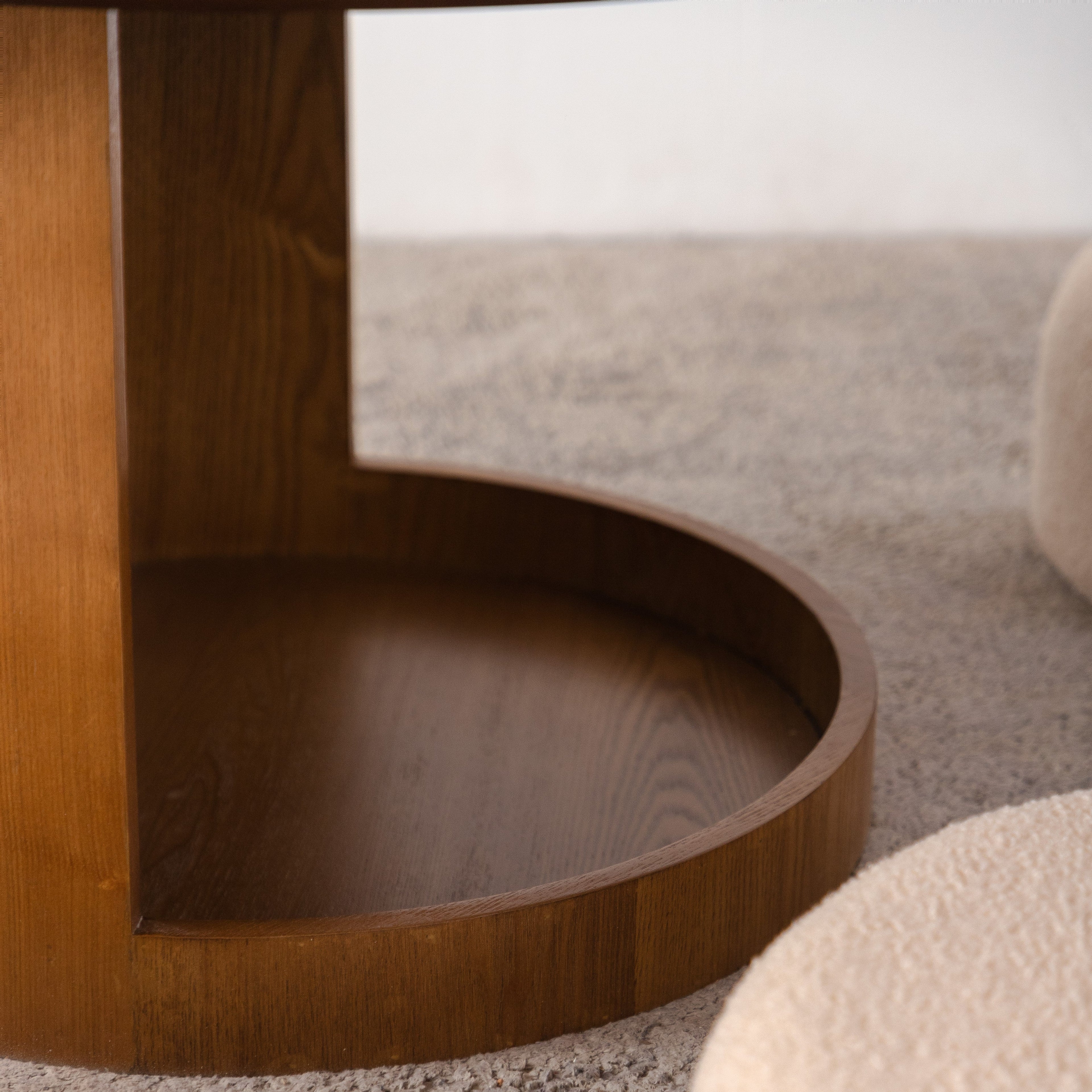 31.5" Round Wood Coffee Table with 3 Teddy Fabric Nesting Stools