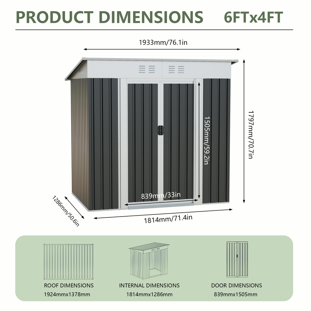 6x4 FT Garden Shed for Patio Outdoors Storage