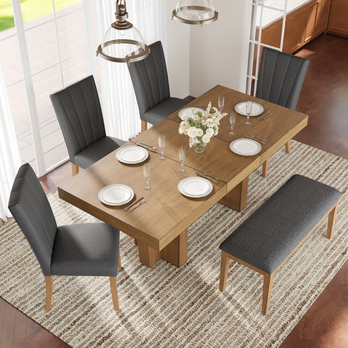 TOPMAX Farmhouse 78.1-Inch Extendable Wood Dining Table Set