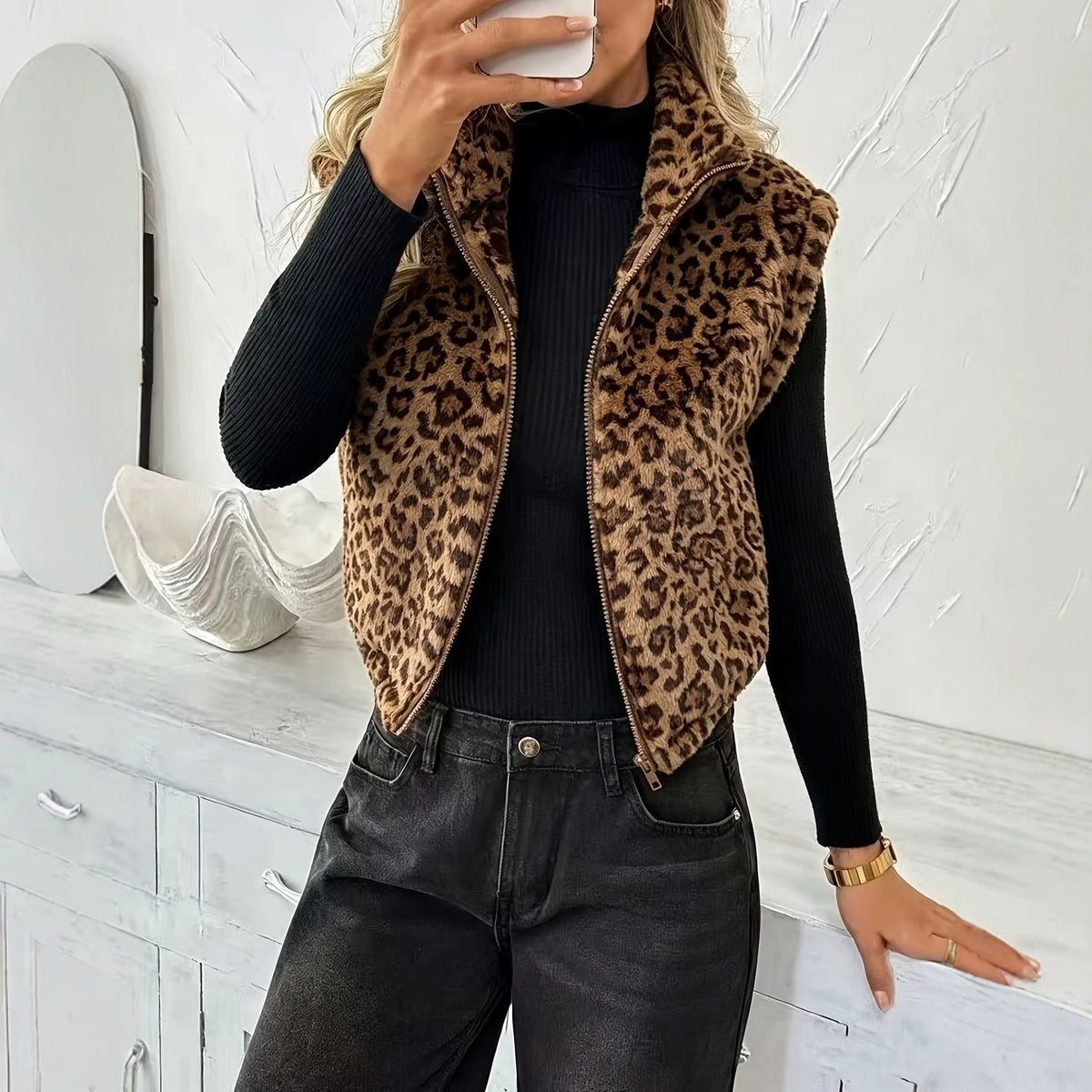 Leopard-print Sleeveless Vest Double-sided Fleece Jacket