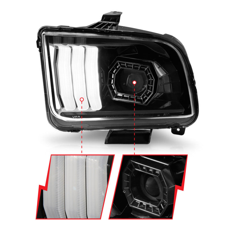 ANZO 05-09 Ford Mustang (w/Factory Halogen HL Only) Projector Headlights w/Light Bar Black Housing 121566