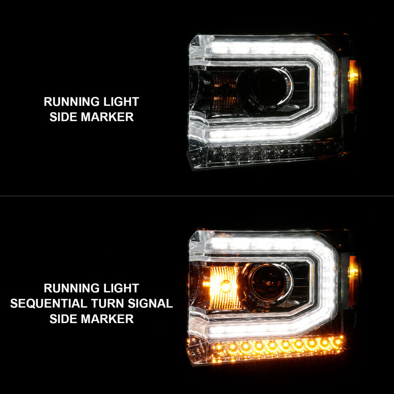 ANZO 2014-2015 Gmc Sierra 1500 Projector Headlights w/ Light Bar Chrome Housing (Halogen Type) 111514