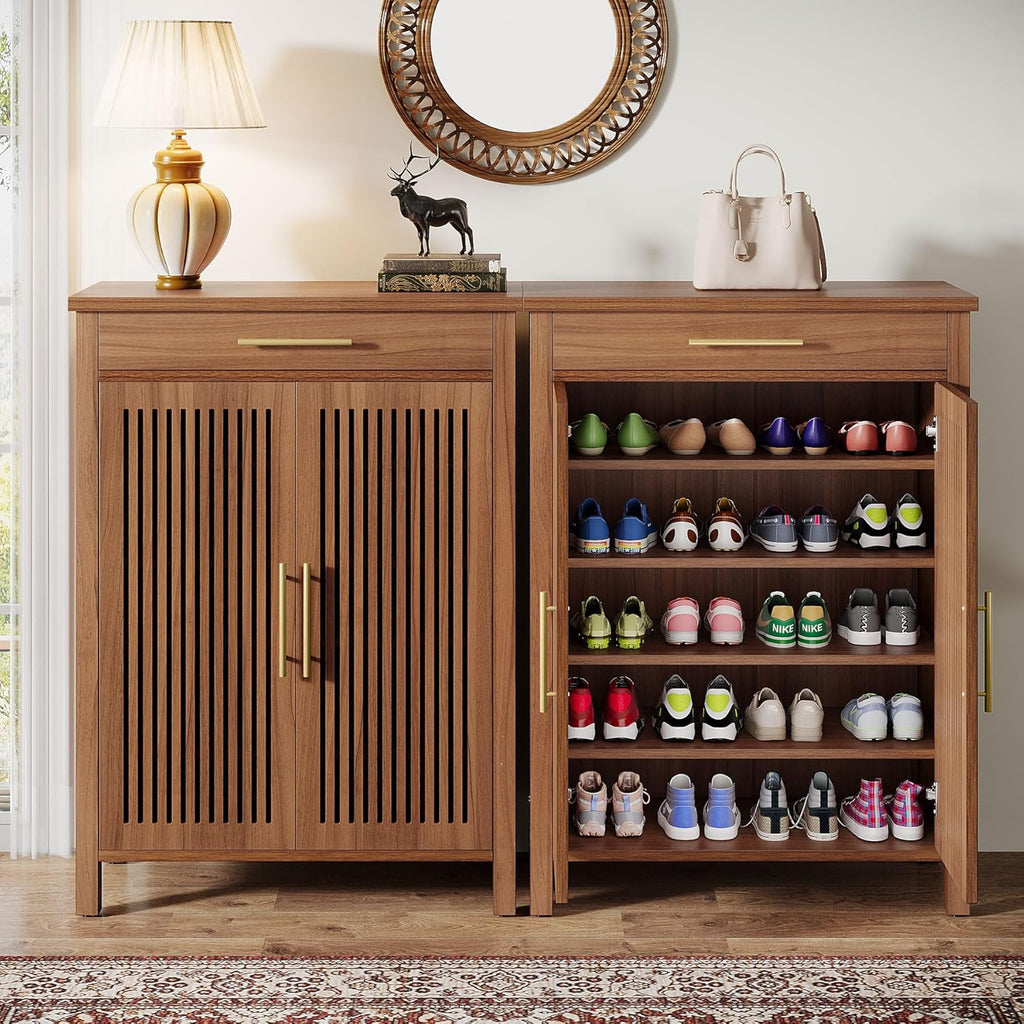 5-Tier Shoe Storage Cabinet with Louvered Doors and Drawer