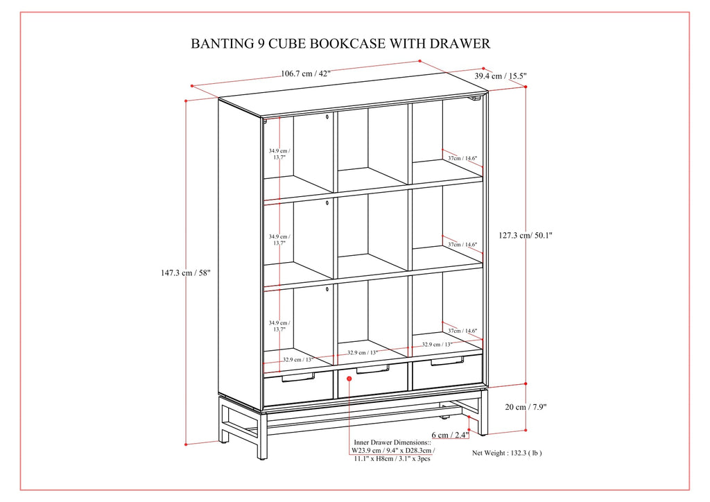 Banting 9 Cube Bookcase with Drawers