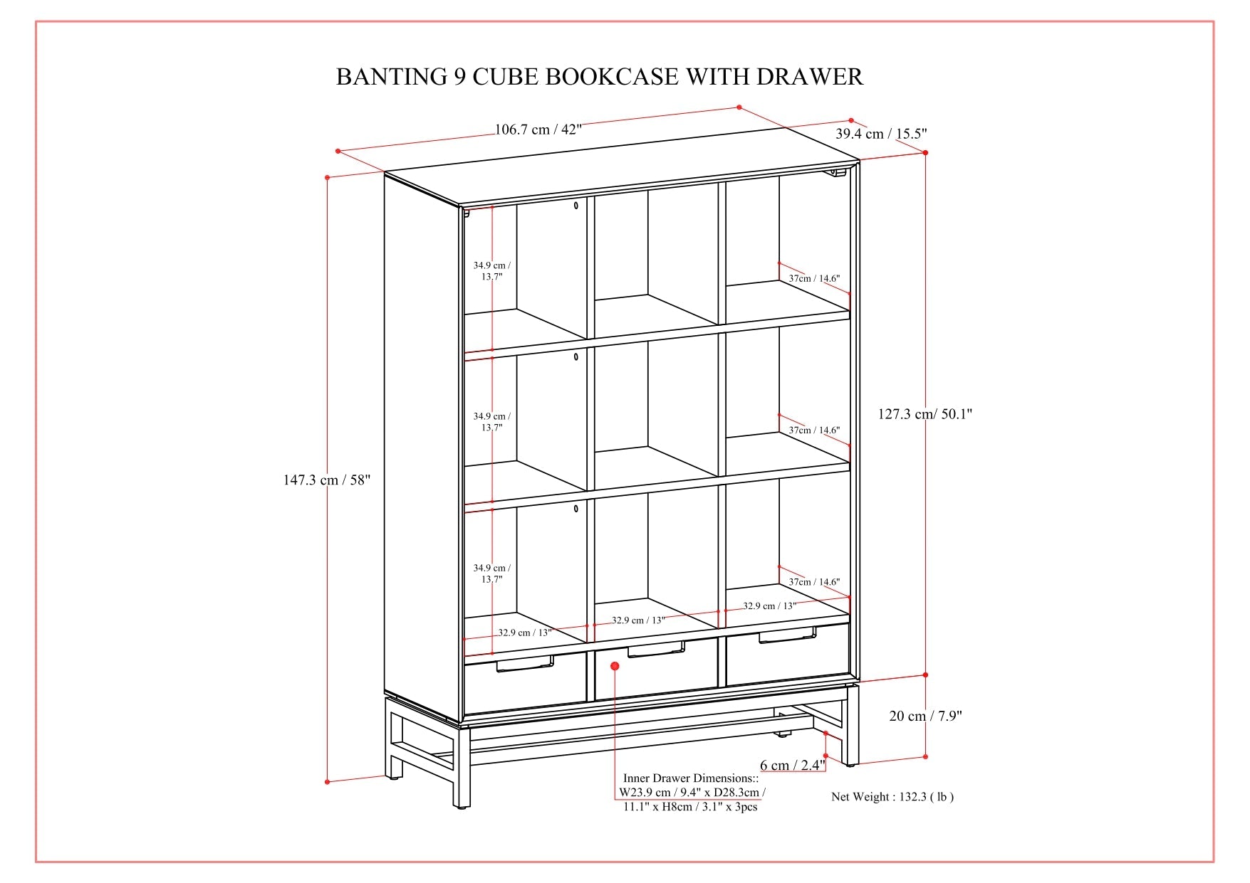 Banting 9 Cube Bookcase with Drawers