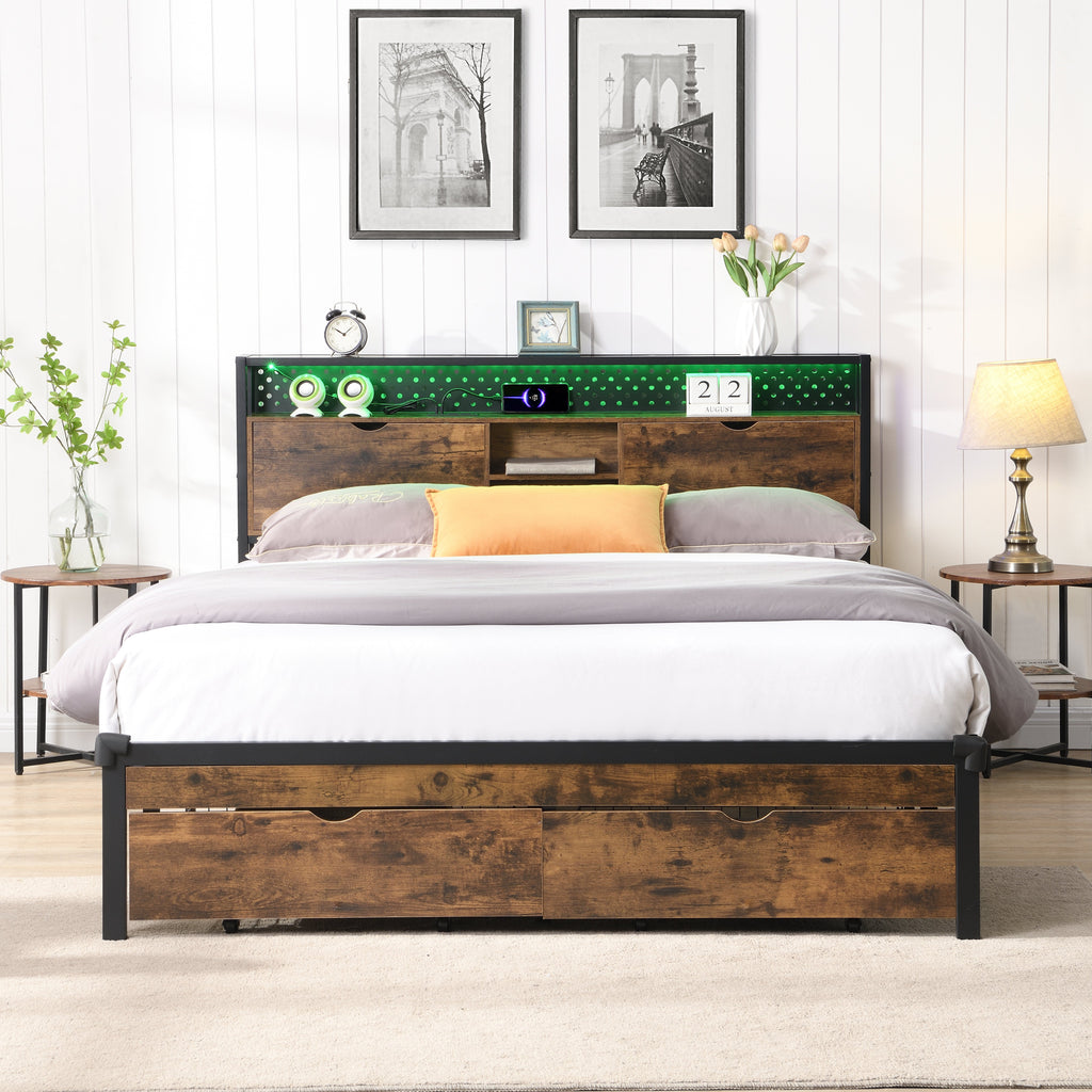 Queen Size Metal Platform Bed Frame with USB Charging Station