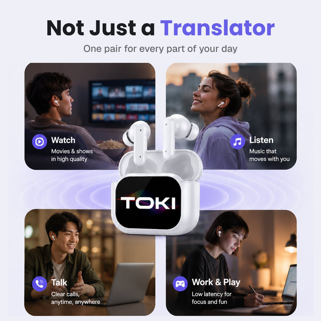 Toki Pro-5 AI Translation Earbuds With Smart LCD Charging Case