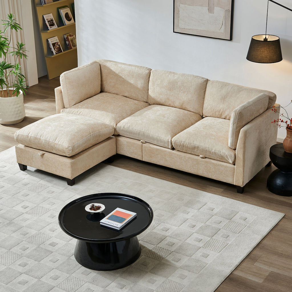 Soft Chenille 3-Seater Sectional Couch with Ottoman