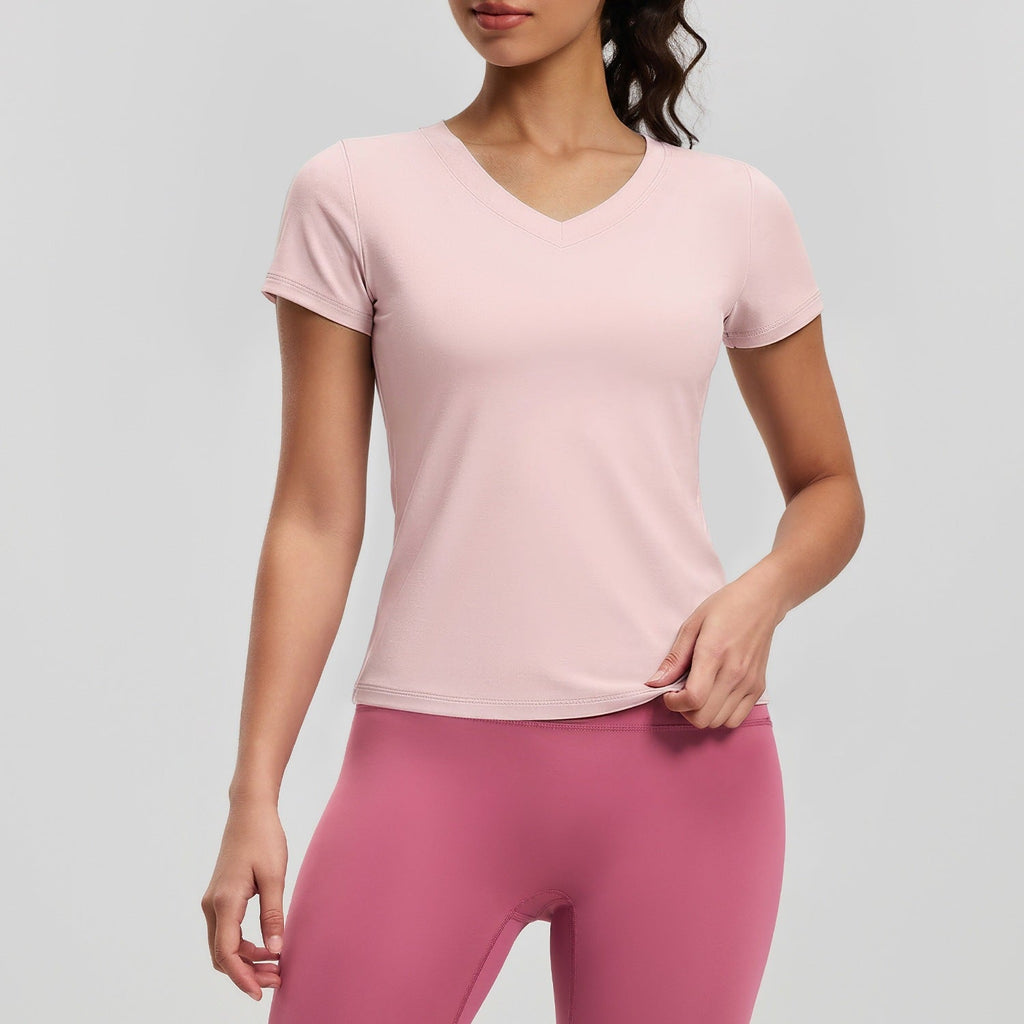 Peach Basic V-neck Short Sleeve Sports Top, Breathable Slim-fit Yoga Shirt For Fitness And Running