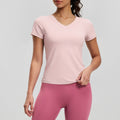 Peach Basic V-neck Short Sleeve Sports Top, Breathable Slim-fit Yoga Shirt For Fitness And Running