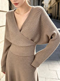Women New Autumn-Winter Pullover Knit Sweater Off-The-Shoulder Batwing Sleeve V-Neck Stylish Trendy Knit Top
