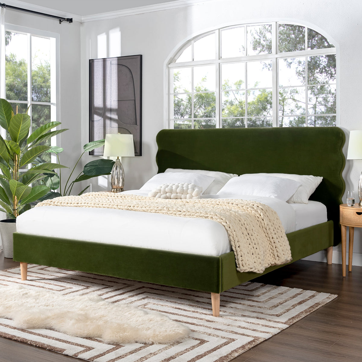 Stockholm Modern Wavy Headboard Platform Bed, King, Olive