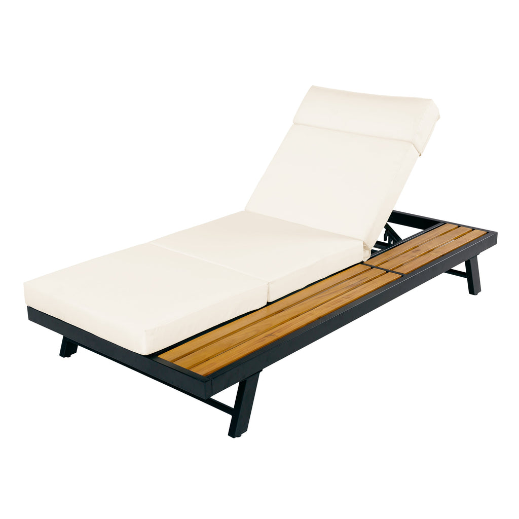 Black Iron + Teak Finish Outdoor Chaise Lounge Set
