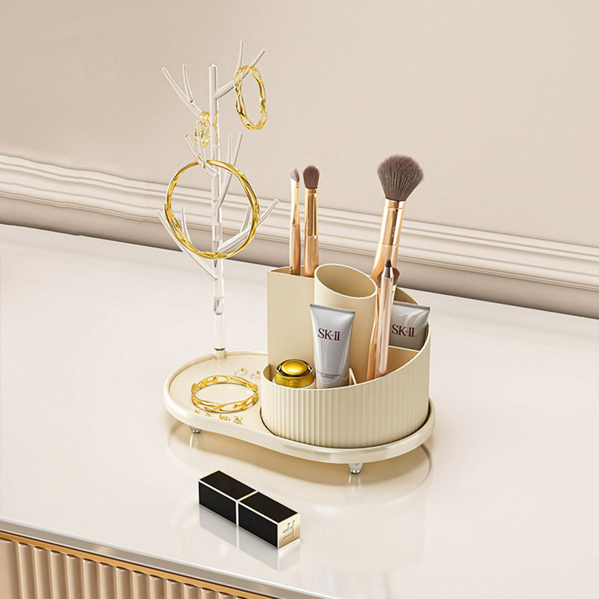 Rotating Makeup Organizer With Jewelry Storage  Large Capacity Cosmetic Display Case Holds 20 Brushes, 10 Lipsticks, 8 Skincare Products 360 Spinning Vanity Organizer For Countertop & Bathroom