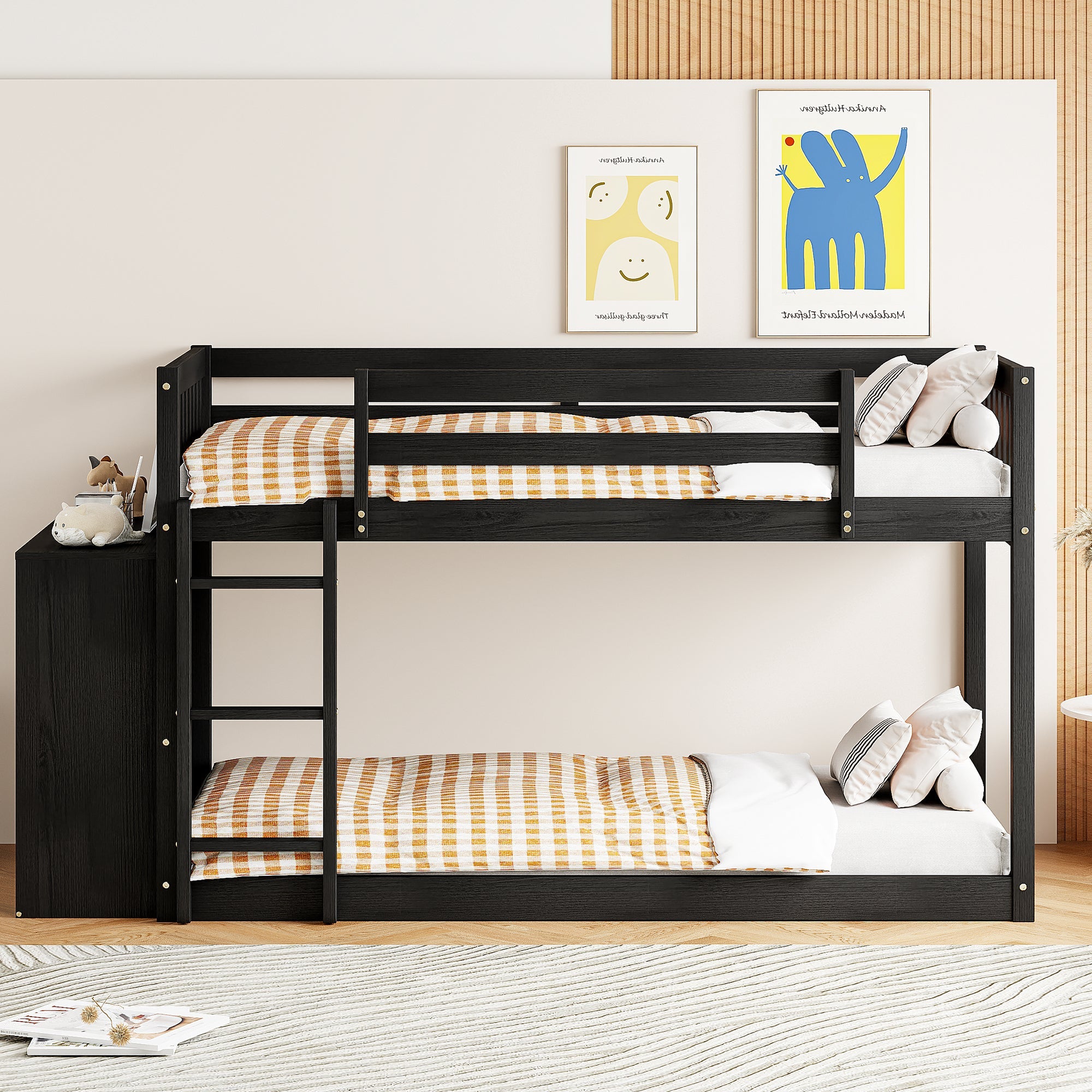 Twin Over Twin Bunk Bed with 4 Drawers and 3 Shelves - Espresso