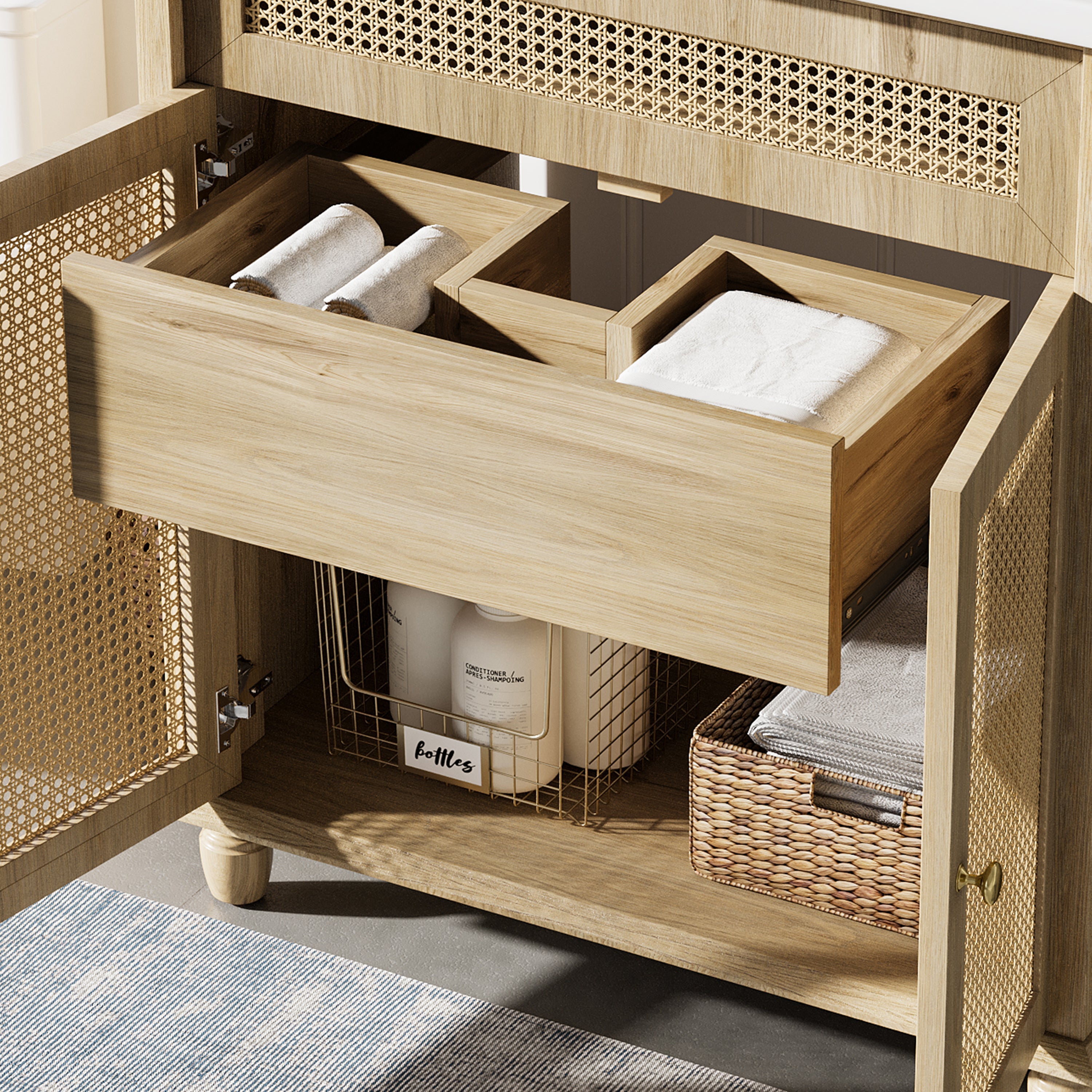 30-Inch Bathroom Vanity: Handwoven Rattan Doors, Solid Wood Legs & Resin Basin