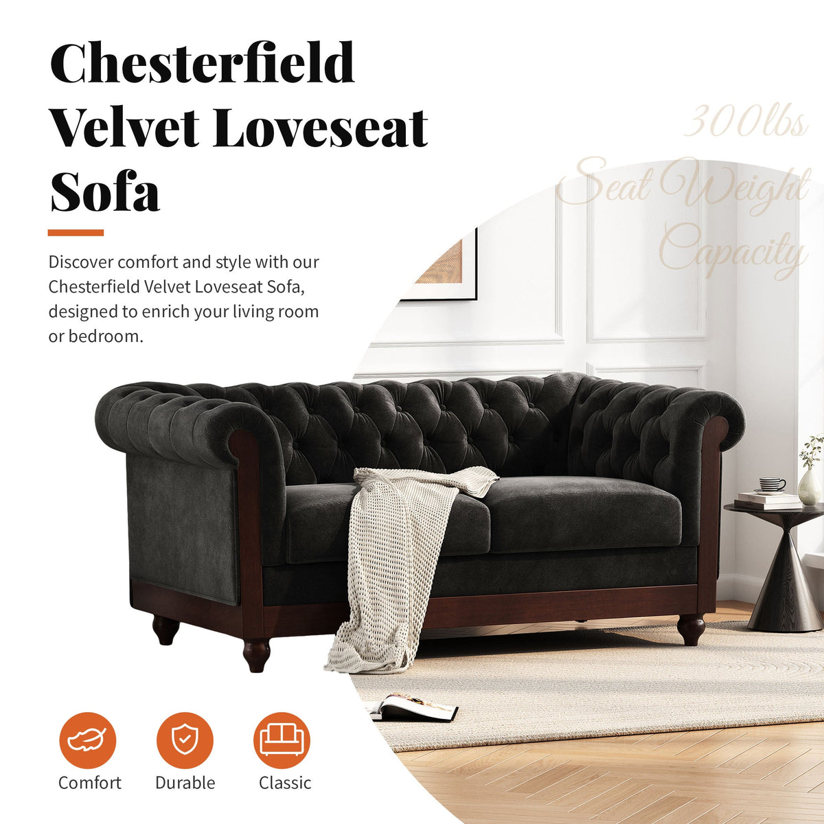 Vivalux 59.44" Chesterfield Velvet Loveseat Sofa