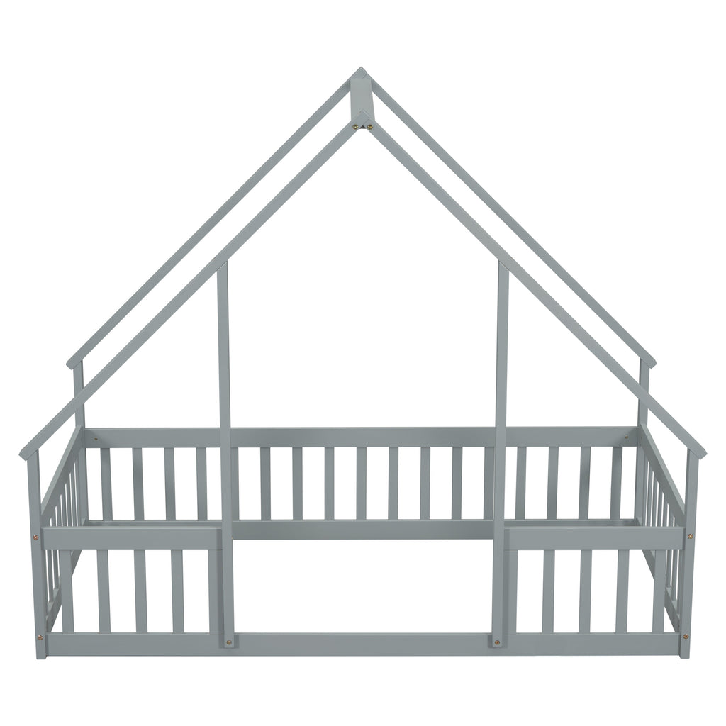Twin Wood House-Shaped Floor Bed with Fence, Guardrails