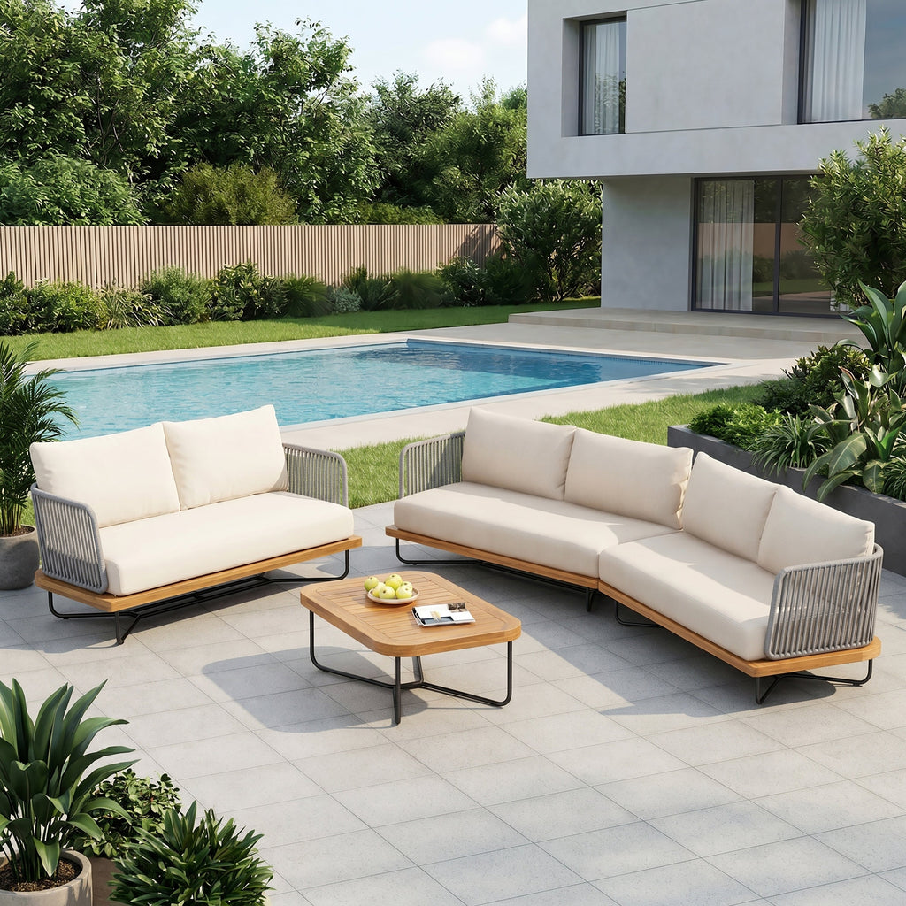 Lucca Outdoor 6 Seater Acacia Wood and Rope Woven Patio Conversation Set