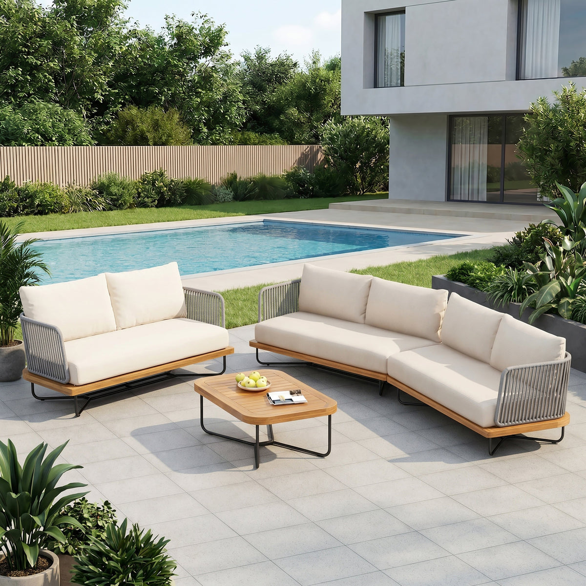 Lucca Outdoor 6 Seater Acacia Wood and Rope Woven Patio Conversation Set