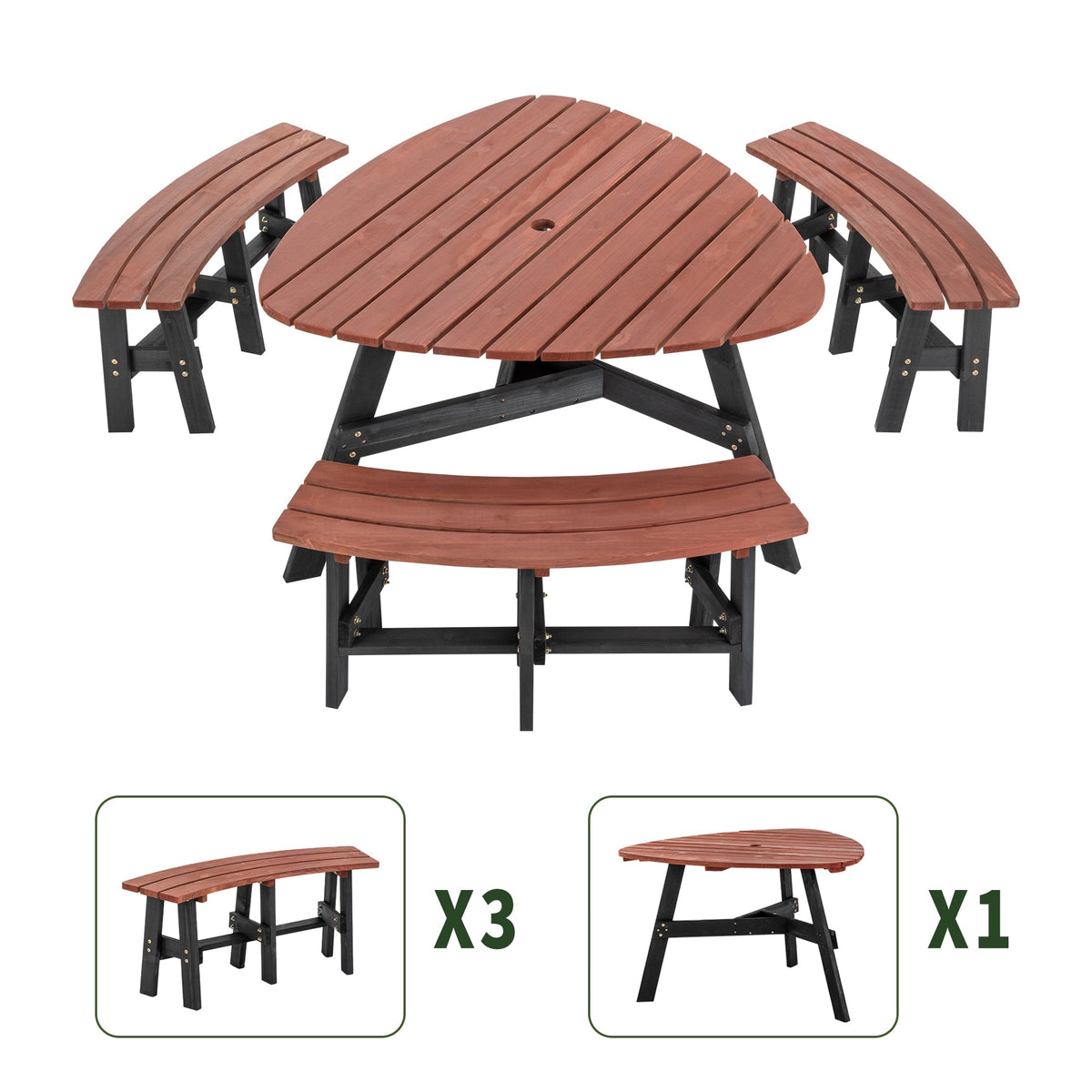 6-Person Semi-Circular Outdoor Solid Fir Wood Picnic Table Set
