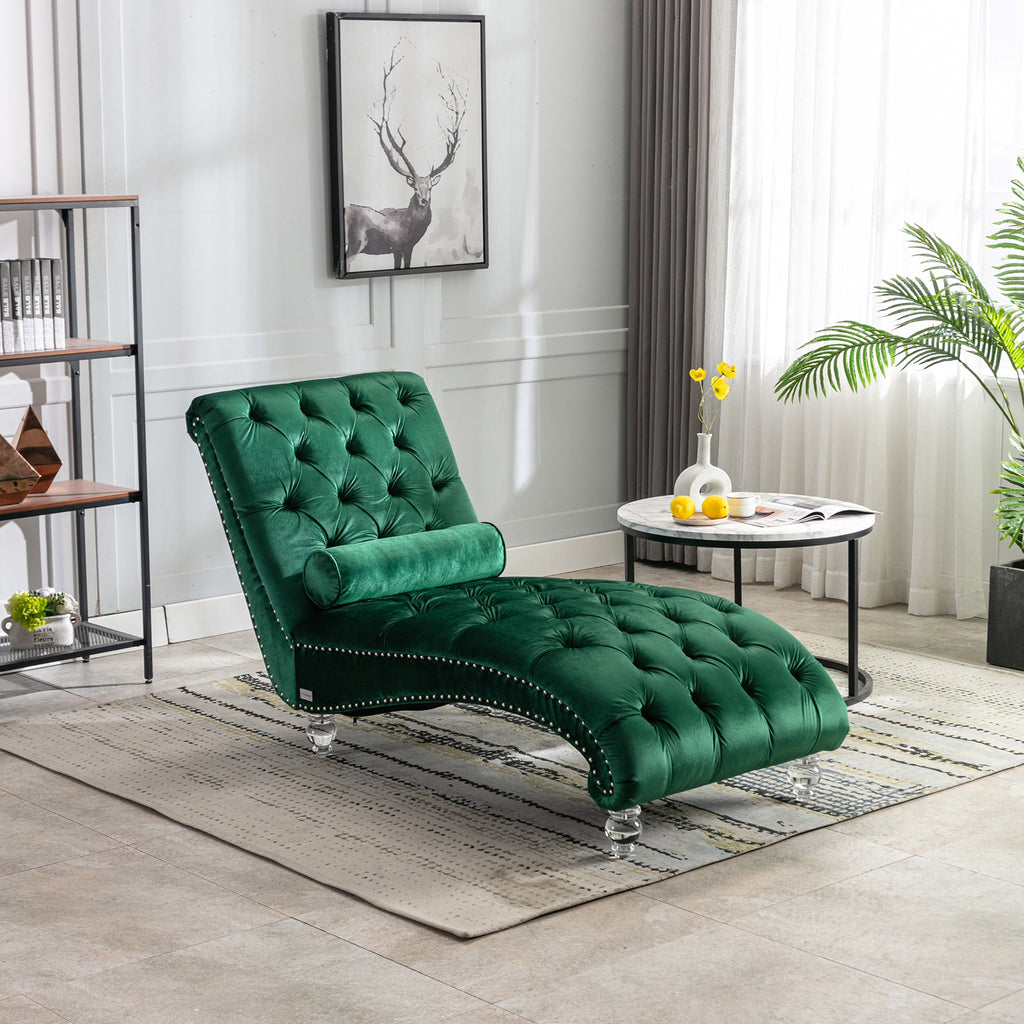 Velvet Chaise Lounge Indoor Chair (Emerald Velvet)