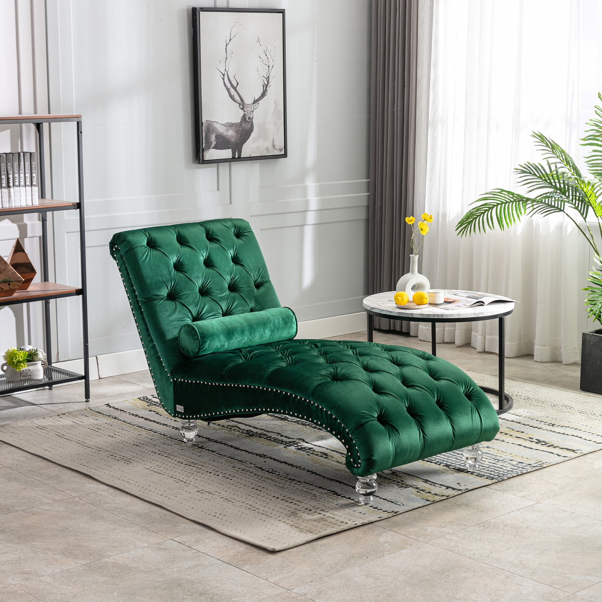 Velvet Chaise Lounge Indoor Chair (Emerald Velvet)