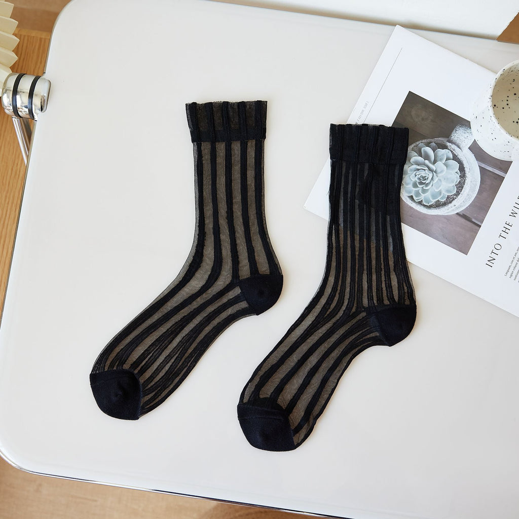 Thin Mid-calf Solid-color Lace-up Socks For Women