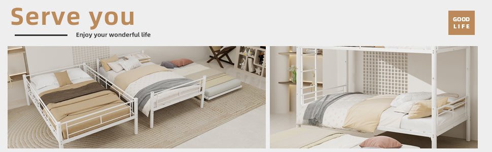 White Twin Metal Triple Bunk Bed with Removable Design