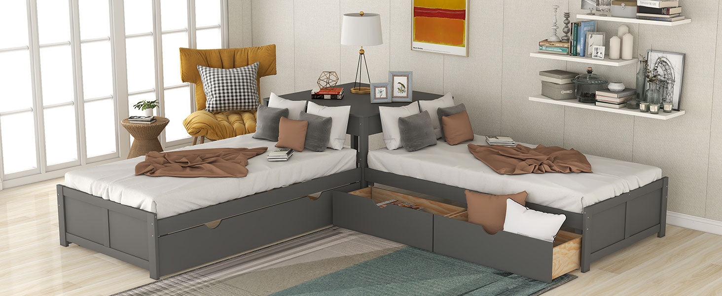 L-Shaped Platform Bed with Trundle and Built-In Desk - Gray