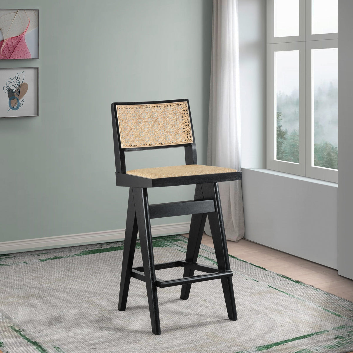 Keira Mid-Century Rattan Bar Stool Set of 2 with Leather Seat