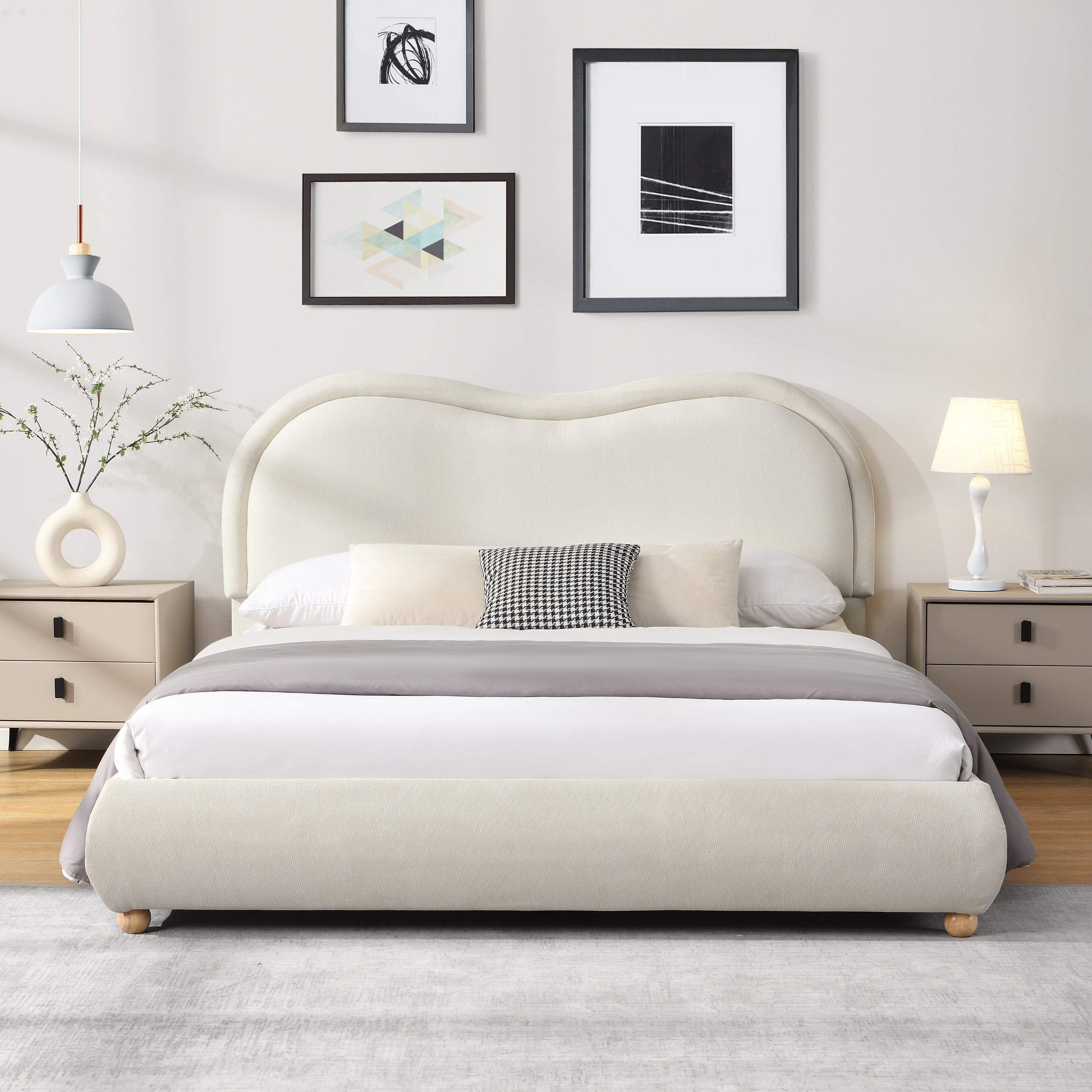 Queen Size Upholstered Platform Bed Frame with Rounded Corners Curved Headboard